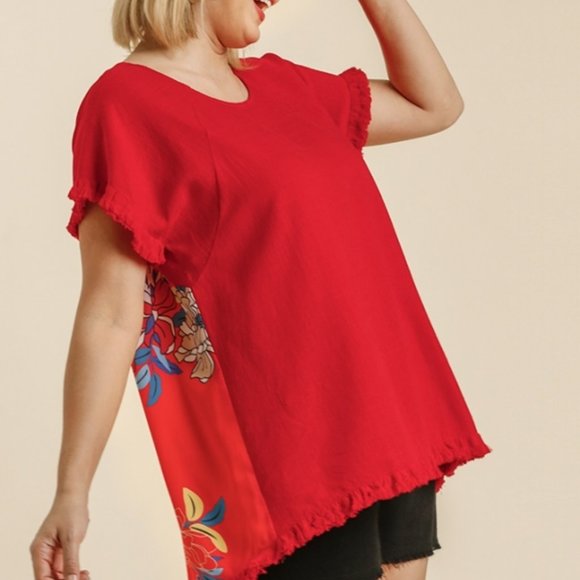 Umgee Plus Candy Apple Floral Back Fringe Hem Top - Picture 7 of 9